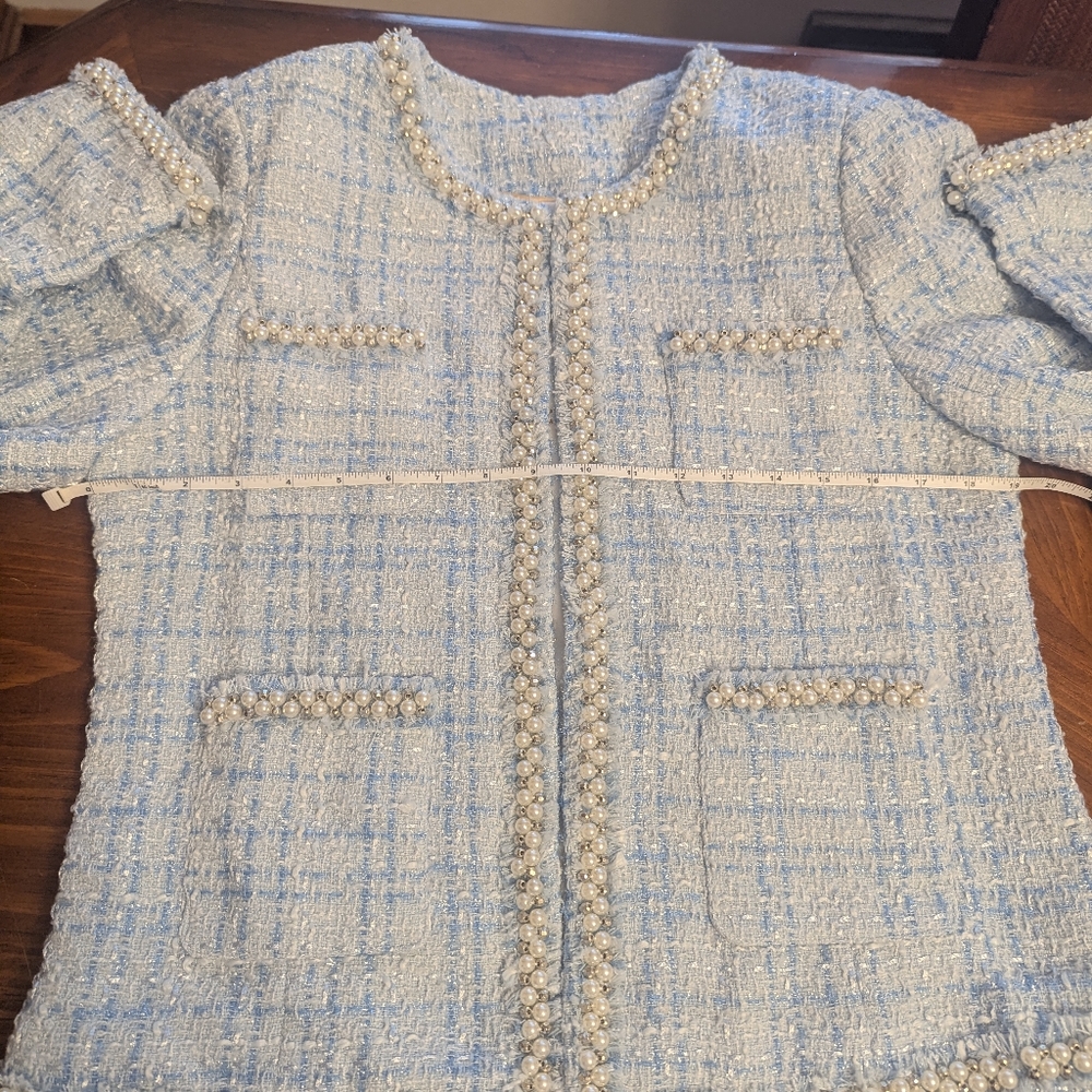 Pearl Embellished Ice BlueTweed Jacket NWOT Sz L Runs small See Pic Measurements - Picture 8 of 9